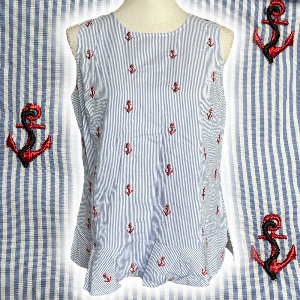 Anchor Embroidered Top M Pinstripe Sleeveless Flounce Peplum Blue White Nautical